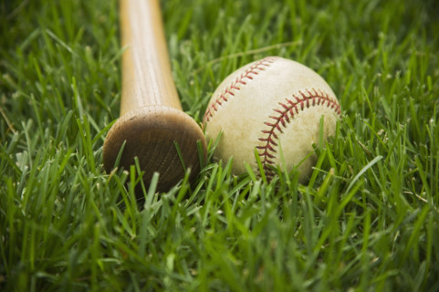 Bat and baseball laying on grass. Date : 2006