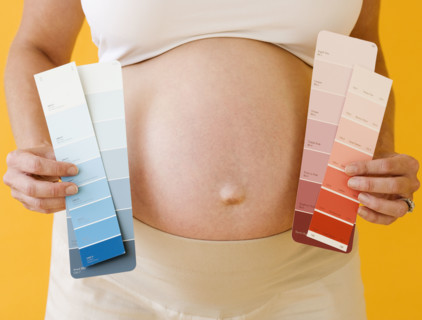 Pregnant woman holding paint swatches. Date : 2007