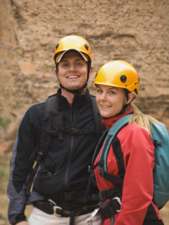 Couple wearing rappelling gear. Date : 2007