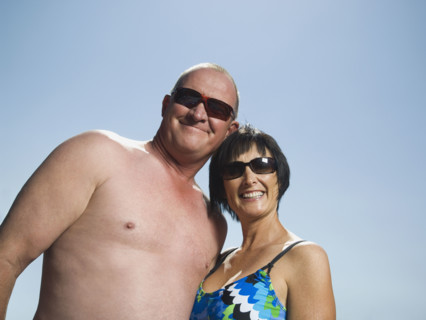 Low angle view of couple hugging. Date : 2007