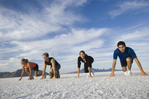 People at starting line on salt flats, Utah, United States. Date : 2007