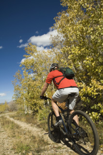 Man riding mountain bike, Utah, United States. Date : 2007