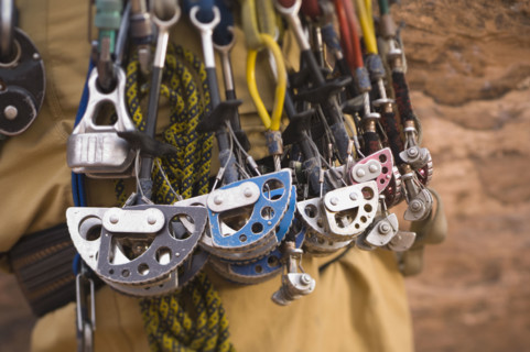 Close up of rock climbing gear. Date : 2007