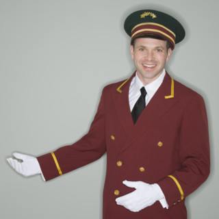 Doorman making welcoming gesture.