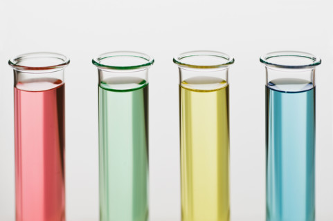 Multi-colored liquids in vials.