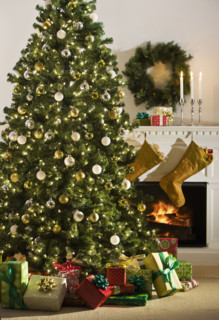 Christmas tree with gifts underneath.