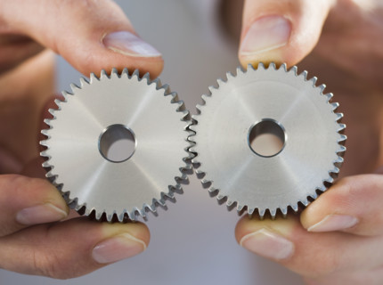 Man holding cog wheels.