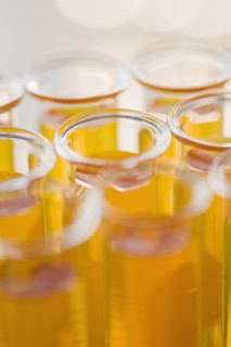 Close up of liquid in vials.