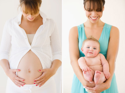 Pregnant woman next to mother holding baby. Date : 2008