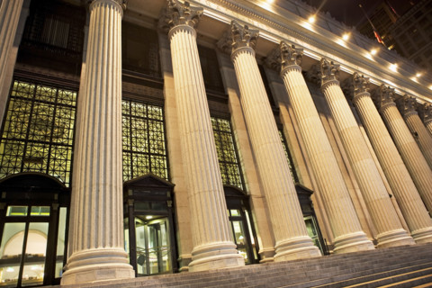 Low angle view of columned building, New York City, New York, United States. Date : 2008