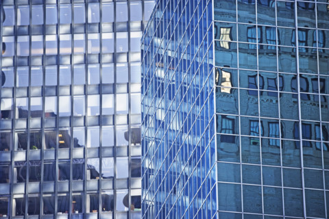 Low angle view of high rises, New York City, New York, United States. Date : 2008
