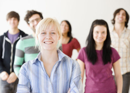 Woman with friends in background. Date : 2008