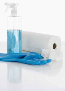 Rubber gloves and cleaning solution next to paper towels. Date : 2008