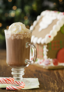 Hot chocolate with whipped cream next to gingerbread house. Date : 2008