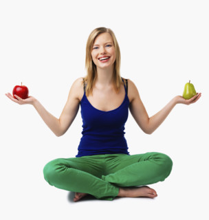 Woman holding apple and pear in hands. Date : 2008