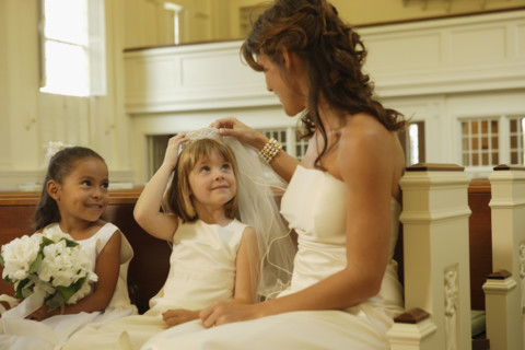 Bride smiling at flower girls. Date : 2008