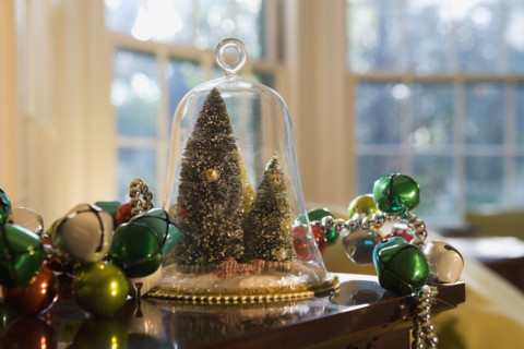 Christmas decorations on table. Date : 2008
