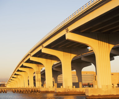 Low angle view of elevated highway over water. Date : 2008