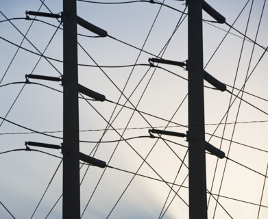 Low angle view of power lines on poles. Date : 2008