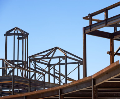 Steel beam frames at construction site. Date : 2008