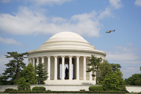 Helicopter flying over Jefferson Memorial, Washington DC, United States. Date : 2008