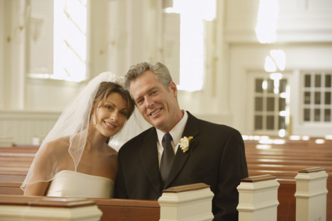 Bride and groom sitting in church. Date : 2008
