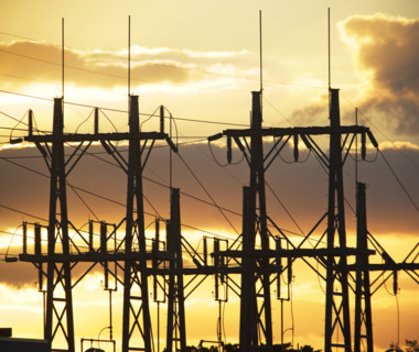 Low angle view of power lines on poles. Date : 2008