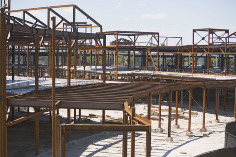 Steel beam frames at construction site. Date : 2008