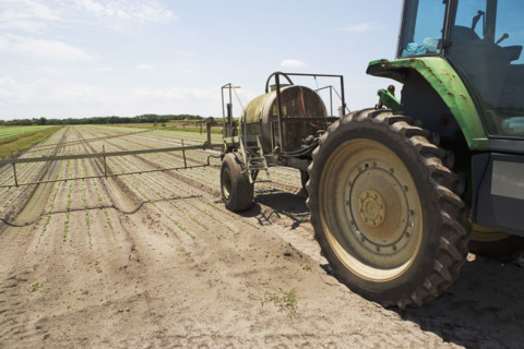 Tractor spraying field, Florida, United States. Date : 2008