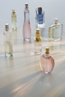 Assorted perfume bottles.