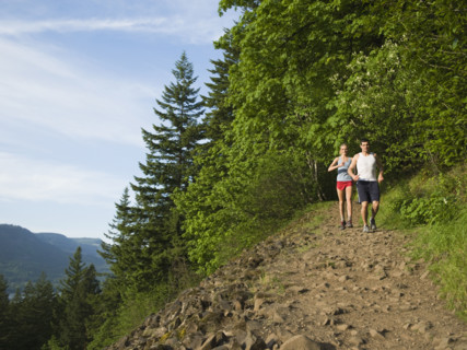 Runners descending rocky trail. Date : 2008