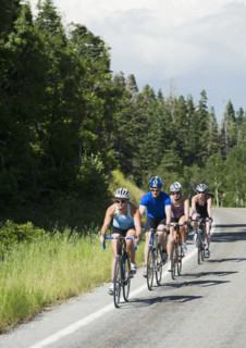 Cyclists in a row on mountain road. Date : 2008