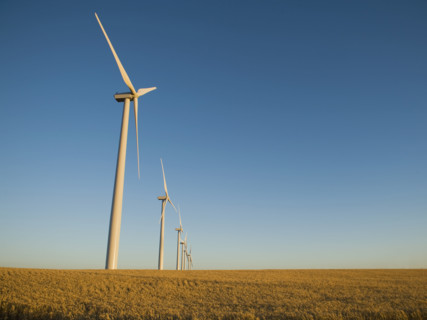 Row of windmills on wind farm. Date : 2008