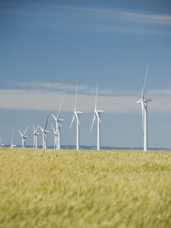 Windmills in a row on wind farm. Date : 2008