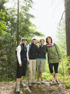 Female hikers posing in forest. Date : 2008