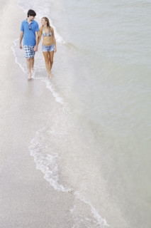 Teenage couple walking in ocean. Date : 2008
