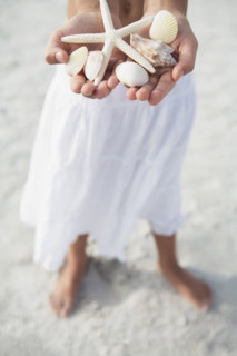 Girl on beach holding delicate starfish and shells. Date : 2008