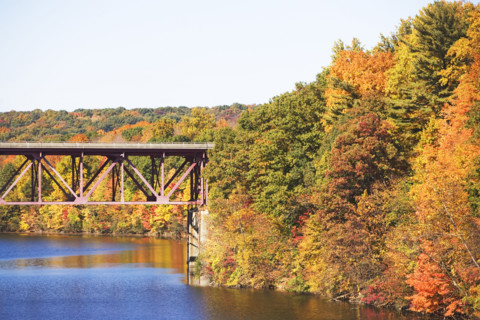 Bridge among autumn foliage, New York. Date: 2008