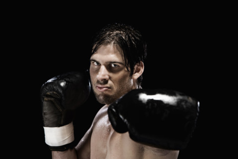 Close up of boxer in fighting stance. Date : 2008