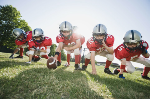 Football players at line of scrimmage ready to snap football. Date: 2008