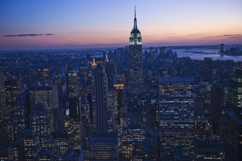 Sunset view of Empire State Building and New York City.