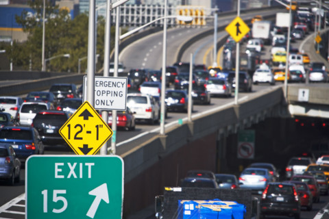 Freeway traffic in Queens, New York. Date: 2008