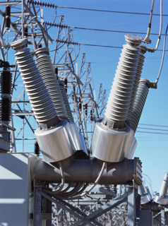 Transformers at electrical substation. Date: 2008