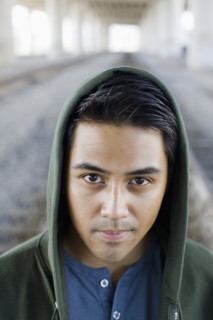 Close up of man wearing hoody. Date : 2008