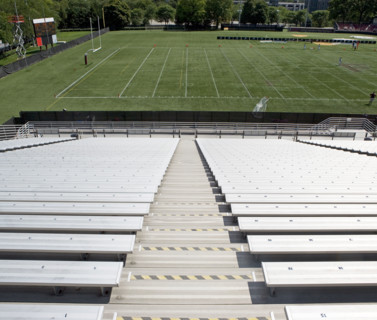 View of football field from empty bleachers. Date : 2008