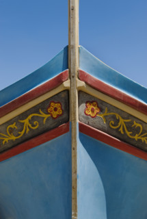 Close up of bow of Luzzu fishing boat.