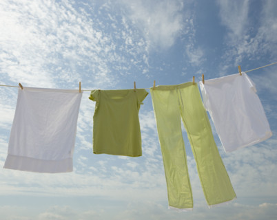 Clothes hanging from clothesline.
