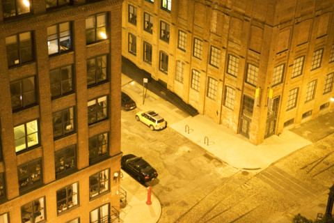 Brooklyn buildings and street at night. Date : 2008