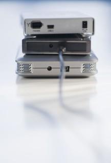 Stack of external hard drives.