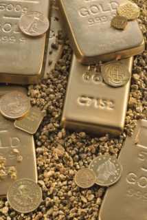 Gold blocks, coins and nuggets.